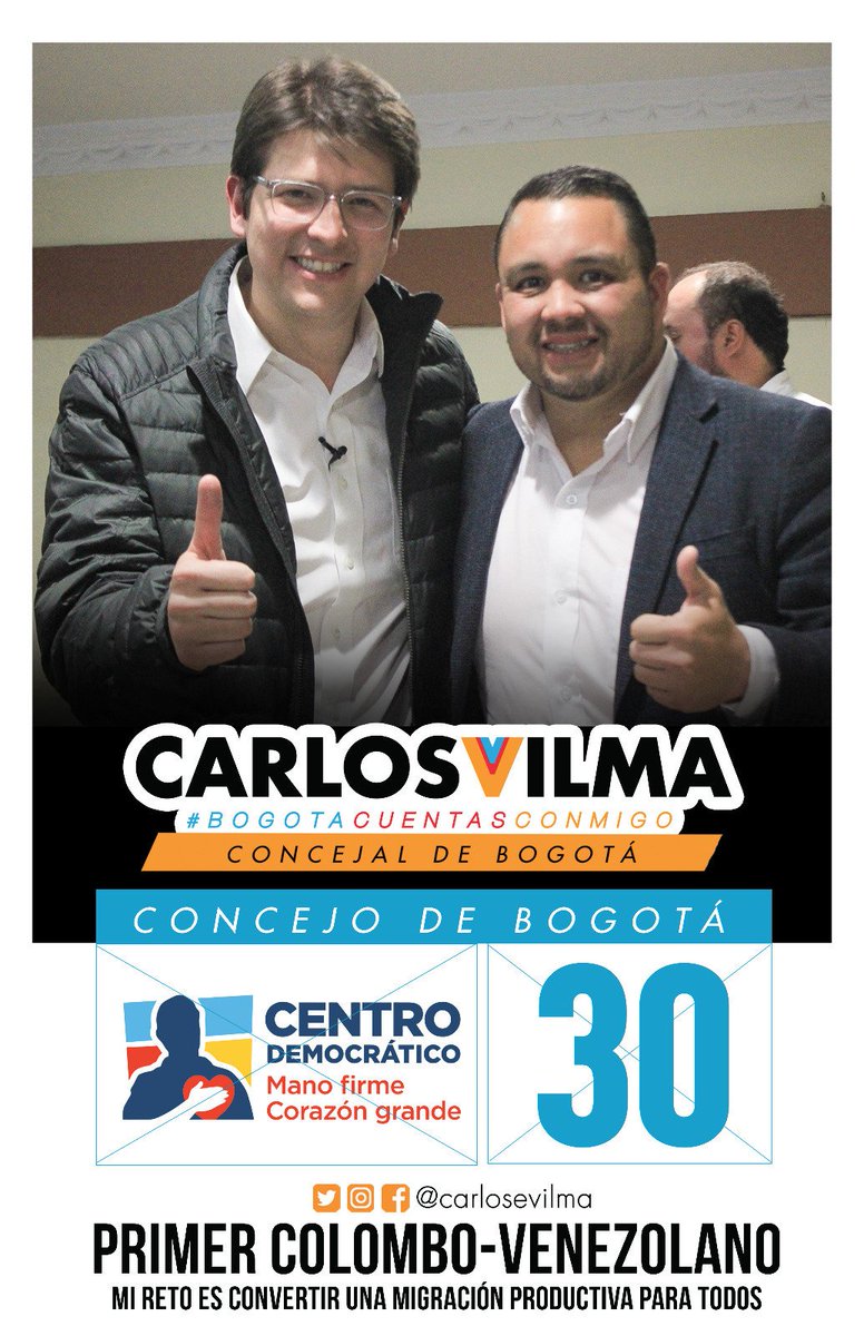 carlosevilma's tweet photo. #EstoyConMiguelUribeT por que el como yo sabe como Bogotá puede avanzar de la mano de una migración responsable. 

Fue el primer en apoyar y reconocer una crisis humanitaria y tender su mano desde la secretaria de gobierno. 

@MiguelUribeT @CeDemocratico https://t.co/tRh3aR9ekm