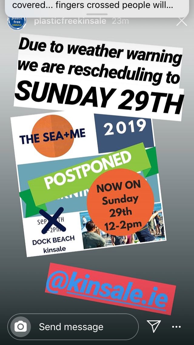 The Sea and Me is postponed until Sunday.  Same time. And same place. <a href="/MaREIcentre/">MaREI</a> <a href="/KinsaleOEC/">KinsaleOutdoorEducationCentre</a> <a href="/TransitionTownK/">Transition Town Kinsale</a> <a href="/CleanCoasts/">Clean Coasts</a> <a href="/KinsaleOnline/">Kinsale Online</a> <a href="/changebydegrees/">changebydegrees</a>
