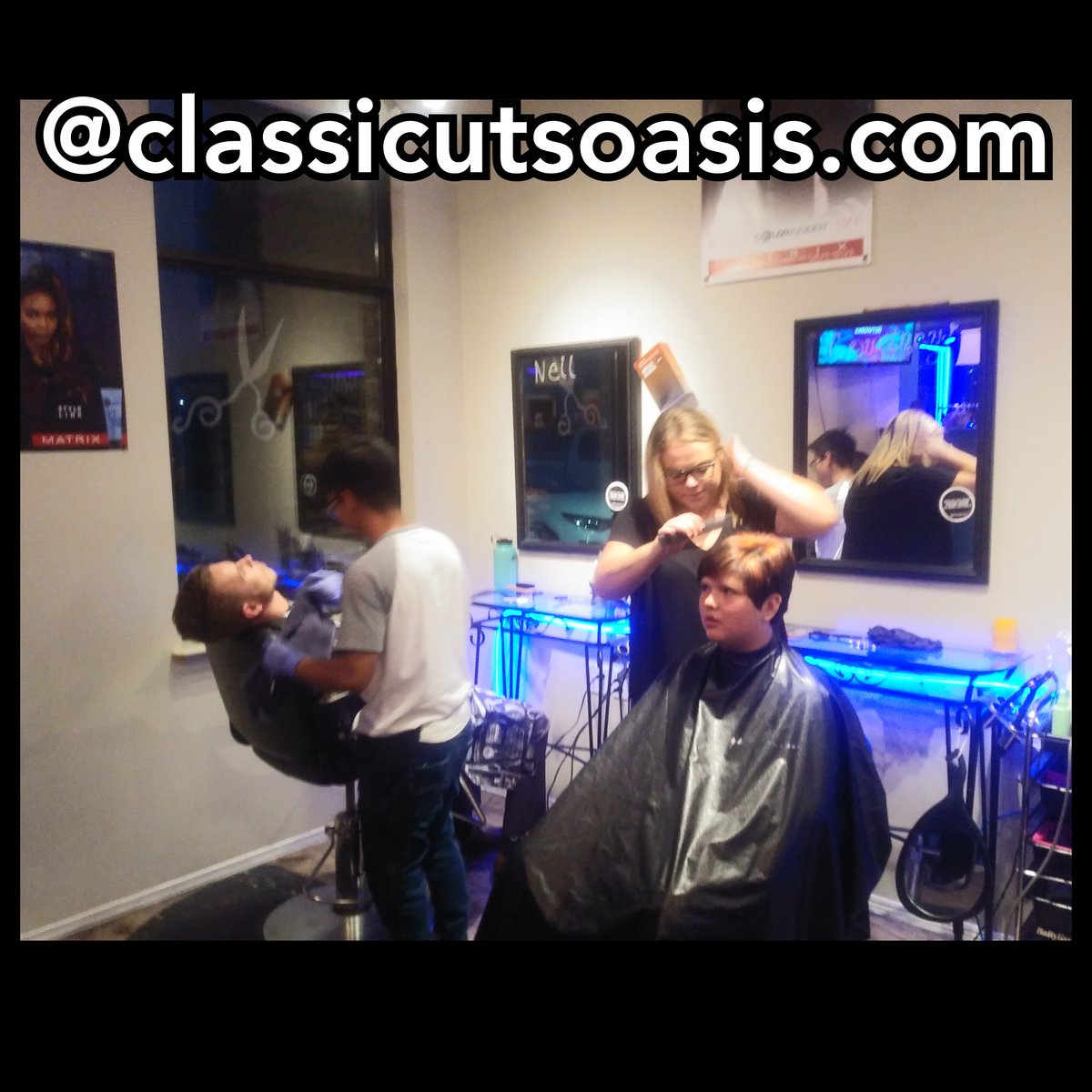 classicutsgrace's tweet photo. Hard at work, and having a great time!
@classicutsoasis.com  
#onefineday #reddeer #hairstyle #haircolor #barbershop https://t.co/HgiA3txTs9