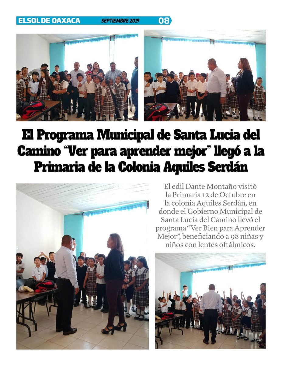 VicManOaxaca's tweet photo. #ElSoldeOaxaca #MesSeptiembre #Pag8
* El programa Municipal de Santa Lucia del Camino "Ver para aprender mejor" llegó a la primaria de la Colonia Aquiles Serdán.
// @DANTEMONTANO // https://t.co/j6yHzvikCb