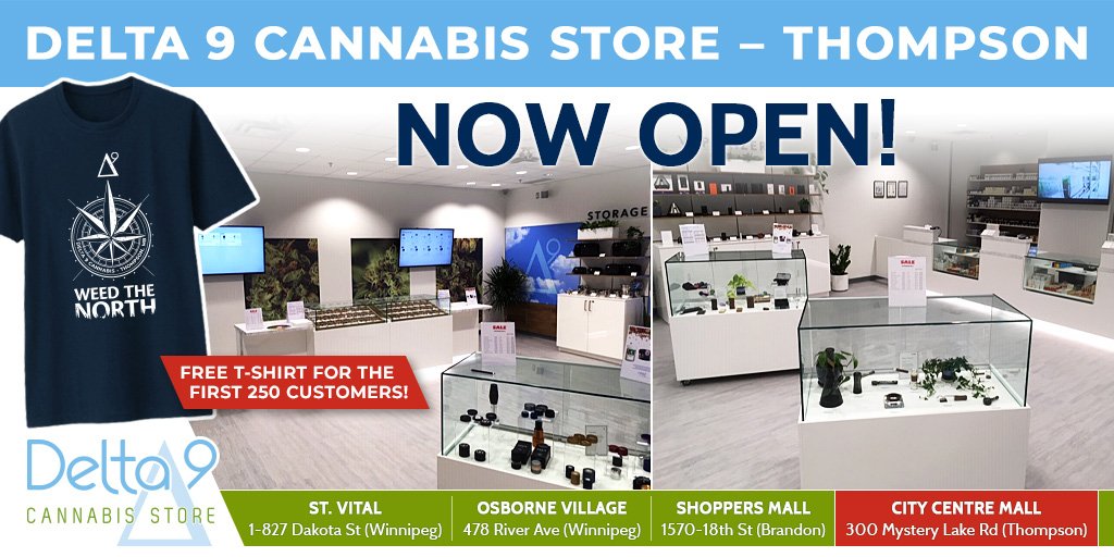 delta9canada's tweet photo. Today's the day! The shelves are stocked as Delta 9 Thompson opens this morning at 10 AM - 300 Mystery Lake Rd (City Centre Mall). Free shirts to the first 250 customers! #Delta9 #WeedTheNorth #Delta9Cannabis #D9CS https://t.co/Ffj5DchVAK