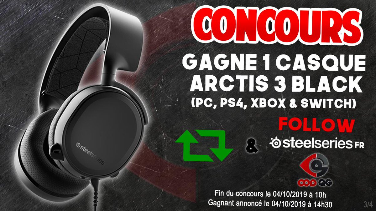 CoDQG_'s tweet photo. 🎁 #CONCOURS 🎁

Gagne ton casque Arctis 3 Black et sois prêt pour #ModernWarfare !
Pour participer:
🔁 RT
✅ Follow @SteelSeriesFR et @CoDQG_

Fin du concours et tirage au sort le 04/10/2019. https://t.co/wSfyG7366J
