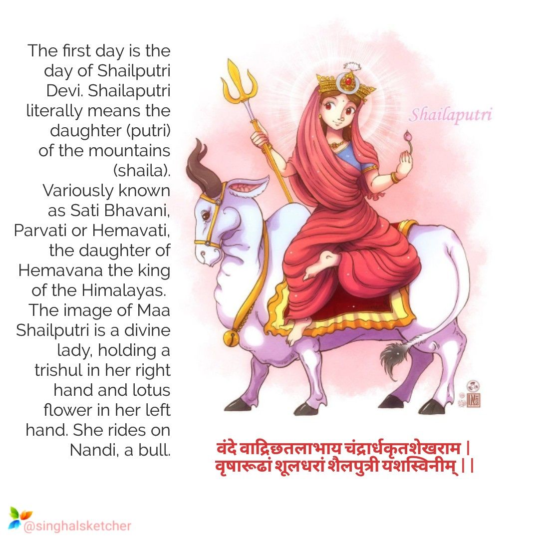 GODDESS SHAILPUTRIAfter self-immolation, when Goddess Sati took birth as the daughter of Lord Himalaya, she came to be known as Shailputri, which means the daughter of mountain. The Goddess governs moon and is worshipped on the first day of Navratri. She rides on a bull