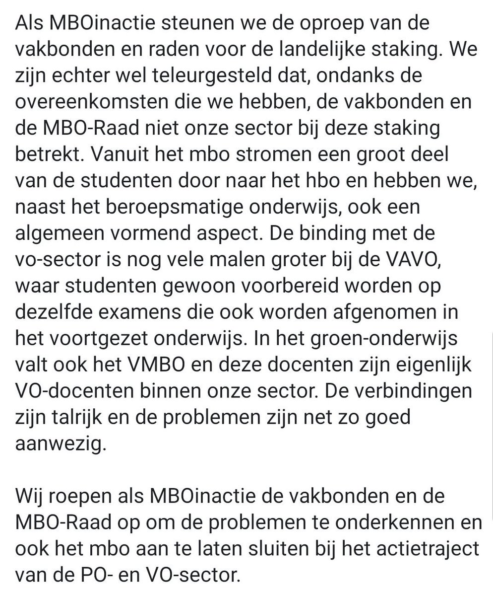 MBOinactie's tweet photo. Als MBOinactie steunen we de staking van #po en #vo. Wij roepen de vakbonden @AOb, @unienfto, @CNVOnderwijs en de @mboraad op om aan te sluiten. 👇 https://t.co/8QBFzbj2Tj