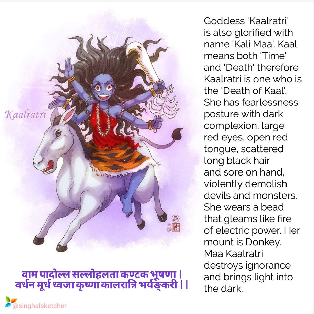 GODDESS KALARATRITo kill Shumbha and Nishumbha, Goddess Parvati removed her outer skin and hence came to be known as Goddess Kalaratri. She is the most fearsome avatar of Goddess Parvati. She rides on a donkey and governs the planet Saturn (Shani).