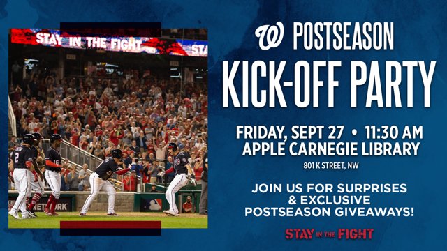 shawmainstreets's tweet photo. #STAYINTHEFIGHT and #RocktheRed @Nationals Postseason Kick-Off Party Today at 11:30 AM on West Lawn @Apple Carnegie Library (801 K St, NW). FREE. #funinshaw #shawdc https://t.co/n4pQq5scOx