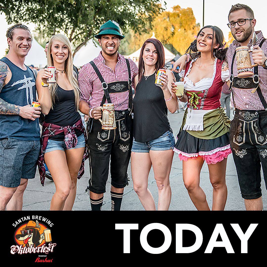 Time for cheers and beers because TODAY'S THE DAY! 🍻🤘SanTan Oktoberfest kicks off this afternoon at 5 p.m. Be sure to tag us in your awesome pics of your Oktoberfest gear! 📸 😃