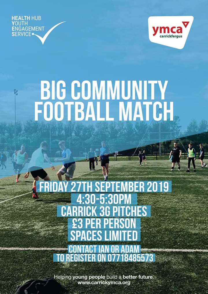 CarrickYMCA's tweet photo. It's MATCH DAY and the community is getting ready for an incredible afternoon. UNFORTUNATELY we're fully booked, but why not come and watch this unique spectacle #carrickfergus #communitymatch #worldymca #healthhubcarrick #NorthernIreland #youthtogether https://t.co/hHdesMKGa5