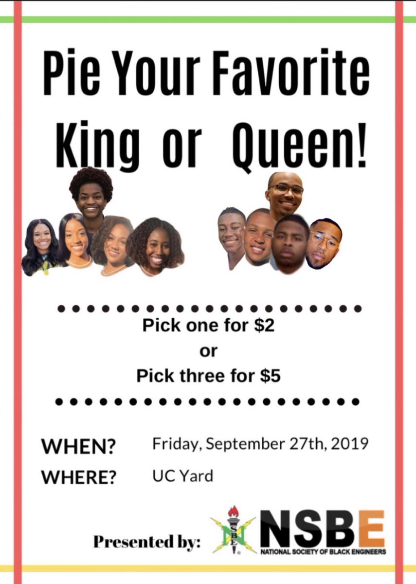 Xavier_NSBE's tweet photo. Come to the UC yard to pie your fav king or queen! Today from 12-1pm #NsbeWeek https://t.co/KnbiYnxcKN
