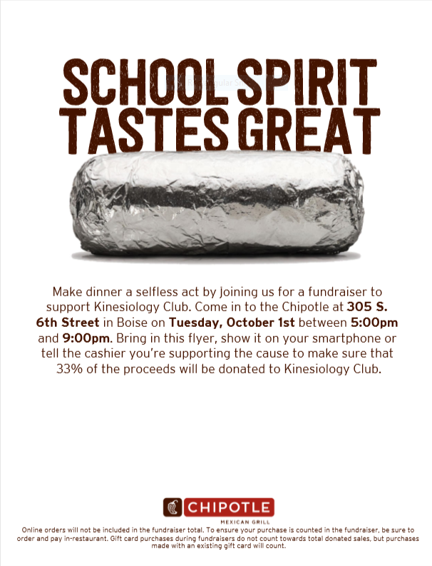 BSUKinesClub's tweet photo. Spread the word! 
The Kinesiology Club is doing a fundraiser at Chipotle on October 1st from 5-9pm. Simply show them this flyer when you go to pay! https://t.co/hgy8C30RJa