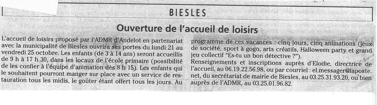 HauteMarne_ADMR's tweet photo. Les vacances approchent !
Ouverture du centre de loisirs de Biesles avec l'ADMR d'Andelot - ci-dessous les renseignements parus ce jour dans le #JHM
#ADMR52 #Andelot #Biesles https://t.co/A7nNojfeJM