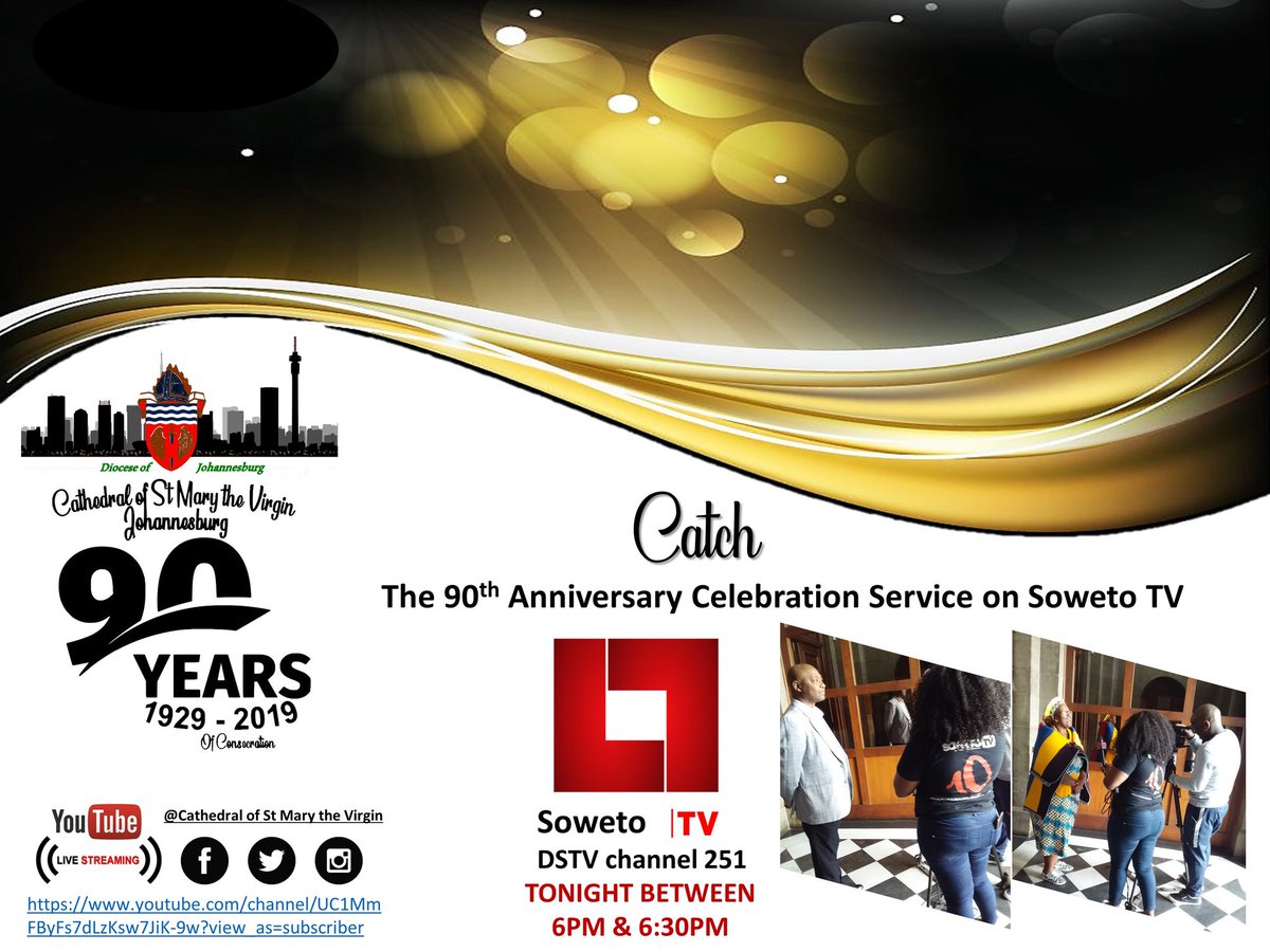 CathedralVirgin's tweet photo. Catch the 90th Anniversary Celebration Service  interview on Soweto Tv channel 251 (Dstv) between 6pm &amp; 6:30pm 

Mr Kelvin Radebe - former Churchwarden &amp; Ms Faith Mazibuko - MEC for Community Safety  shares their congratulatory messages to the Cathedral. 
#Cathedral90th https://t.co/d9KRltZwq6