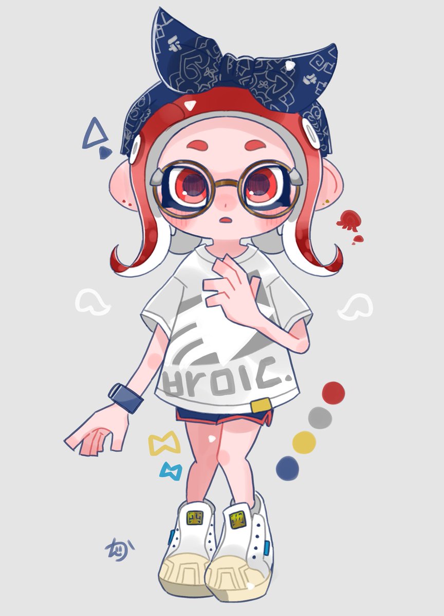 octoling ,octoling girl 1girl shirt solo tentacle hair shorts white shirt red eyes  illustration images
