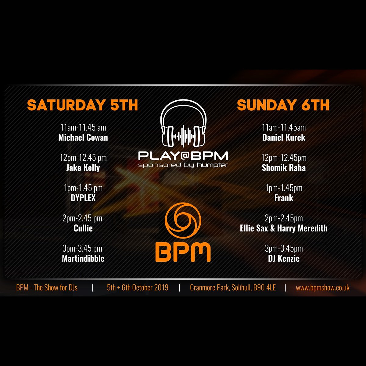 BPM_SHOW's tweet photo. Check out who's performing on the PLAY @ BPM Stage sponsored by Humpter UK
We can't wait to see their talents showcased at #bpm2019 LIVE on stage
#humpter #michaelcowan #jakekelly #dyplex #cullie #martindibble #danielkurek #shomikraha #frank #elliesax #harrymeredith #djkenzie https://t.co/06re0H8liZ