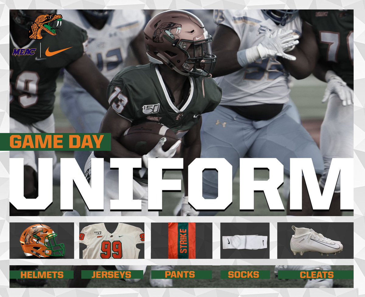 Saturday’s Gameday Uniform Combination as the Rattlers open @meacsports play at @nsuathletics #FangsUp #FAMU #strikestrikestrikeagain #WeAreFAMU #FAMULY