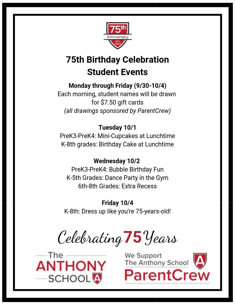 AnthonySchool's tweet photo. 75 years! Next week, we will be celebrating The Anthony School's 75th Birthday! We have several student events planned for next week - help us celebrate. #TAS75th #ExperienceExceptional https://t.co/d4b9sODB7T