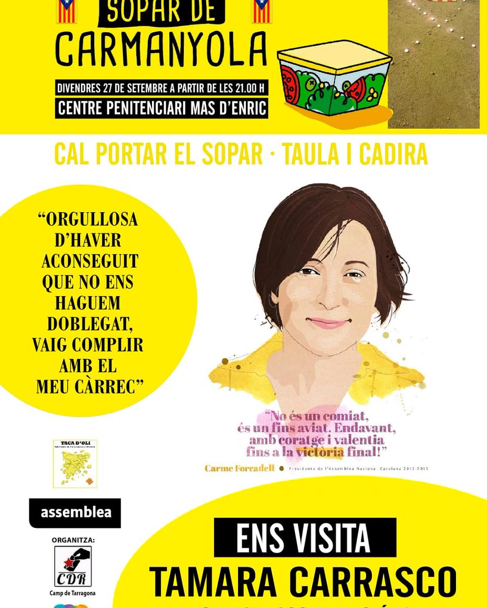 Esquerramafumet's tweet photo. Avui us tornem a convidar a tots al sopar de carmanyola de Mas Enric.
Ens acompanyarà Tamara Carrasco, activista social i política.
Us esperem!!!!! https://t.co/WJ19ZzjXok