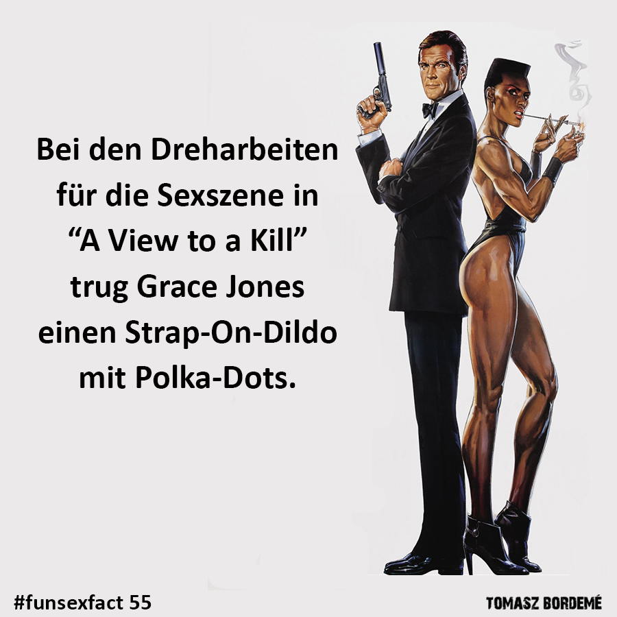 TSBordeme's tweet photo. Fun Sex Fact 55:
Bei den Dreharbeiten zu A View To a Kill überraschte (schockierte?) Grace Jones Roger Moore mit einen riesigen Strap-on-Dildo, den sie drunter trug.
Quelle: https://t.co/t5HyeQZHcg
Alle Funsexfacts gibts hier: https://t.co/3e1kQbxcxM
#funsexfact https://t.co/nm9zrHsyTL