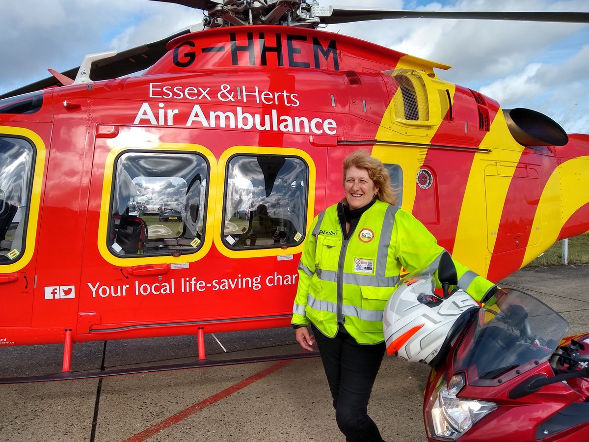 EHAAT_'s tweet photo. Whilst undertaking some pre-hospital blood training scenarios at our North Weald Airbase this morning, Essex Voluntary Blood Service biker, Linda Hayward, delivered today's supply of the real life-saving units for loading onto our helicopter #BloodonBoard #WeCantFlyWithoutYou https://t.co/q6tY2spEr5