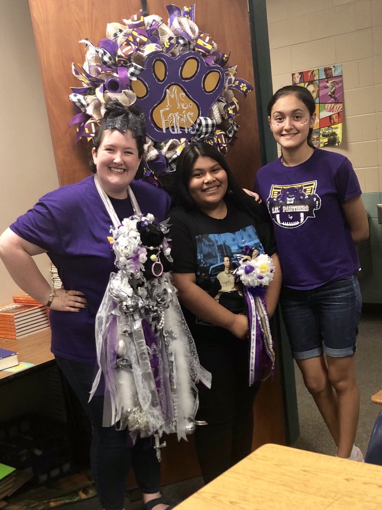 Even teachers wear mums in the English department 💜💛 #hoco2019 #believeinlufkin <a href="/media_lhs/">LHS Media</a>