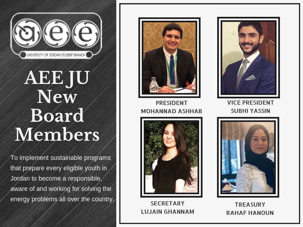 ju_aee's tweet photo. We are happy to announce our new board members for the academic year 2019/2020. 

President : Mohannad Ashhab
Vice President : Subhi Saif Yassin
Treasury : Rahaf Hanoun
Secretary : Lujain Ghannam

We wish them the best ! 🔆☘️⚡️ https://t.co/RABeddVvlI