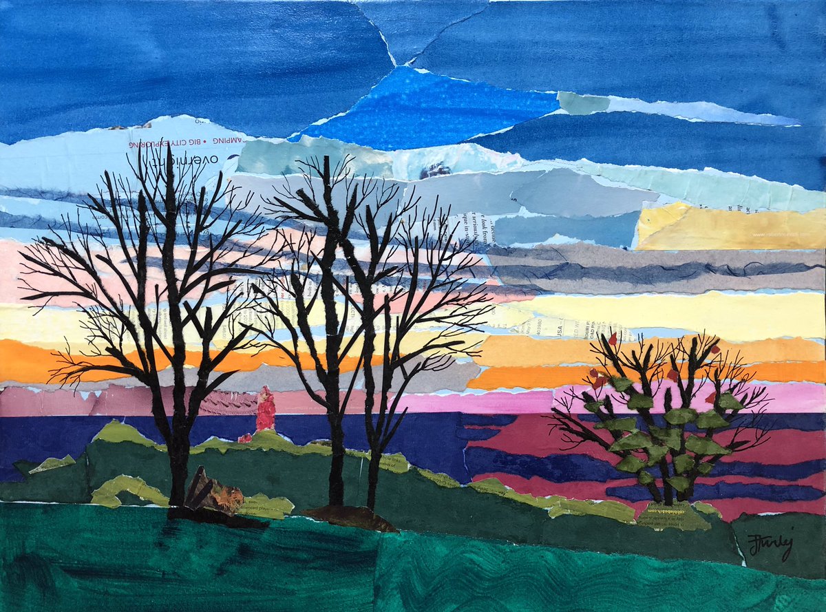 JoannaTurlejART's tweet photo. “In the Valley”, paper collage, 18”x24”, this collage was created while I was teaching paper collage workshop at OAS (Oakville Art Society). It was a demo, but I am happy how it turned out. https://t.co/c9C4vqF79A