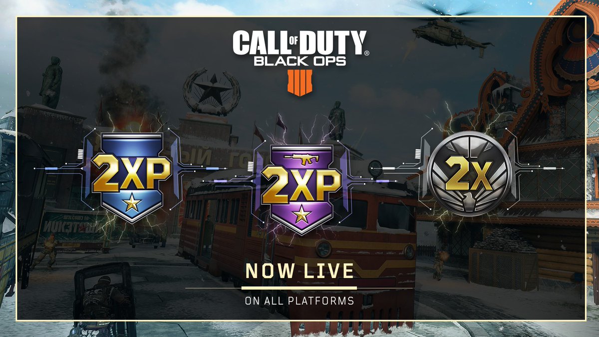 Treyarch's tweet image. Now live in #BlackOps4 through 10AM PT Monday:

• 2XP in MP, Zombies, and League Play
• 2X Weapon XP in MP, Zombies, and League Play
• 2X Merits in Blackout
• Nuketown Featured Playlist

Enjoy the weekend. 👊