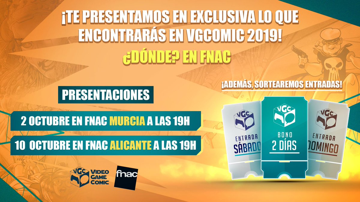 VGComic_ES's tweet photo. Presentaremos en exclusiva todas las sorpresas que os tenemos preparadas para #VGComic2019 en @Fnac_Alicante y @Fnac_Murcia 😱
¡Además, sortearemos entradas! 🎁 Ya sabes, el 2 y el 10 de #Octubre tienes una cita con #VGC19 😜
¡No puedes faltar! 🖖 https://t.co/V5GFznVUdb https://t.co/baK7Pqp3An
