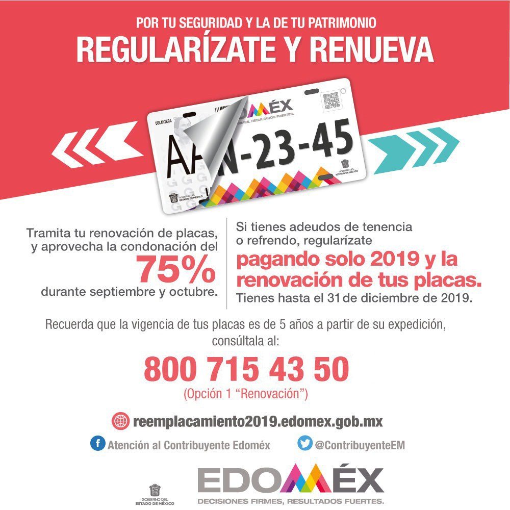 Reemplacamiento Edomex 2019 Octubre, último mes con 75
