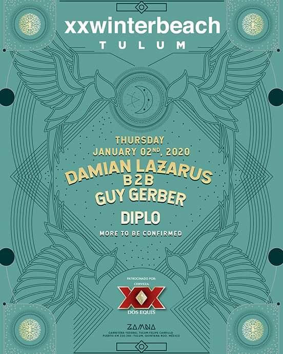 EventosDJMerida's tweet photo. ¡Empieza el año nuevo en Tulum!

@xxwinterbeach se vestirá de lujo con un impresionante cartel que incluye a @damian_lazarus y @guygerber, además de la presentación especial del nominado al Grammy y rostro detrás de @majorlazer, @diplo. 🌿 
https://t.co/XfntrV7gXL https://t.co/FB5MSHDLyo