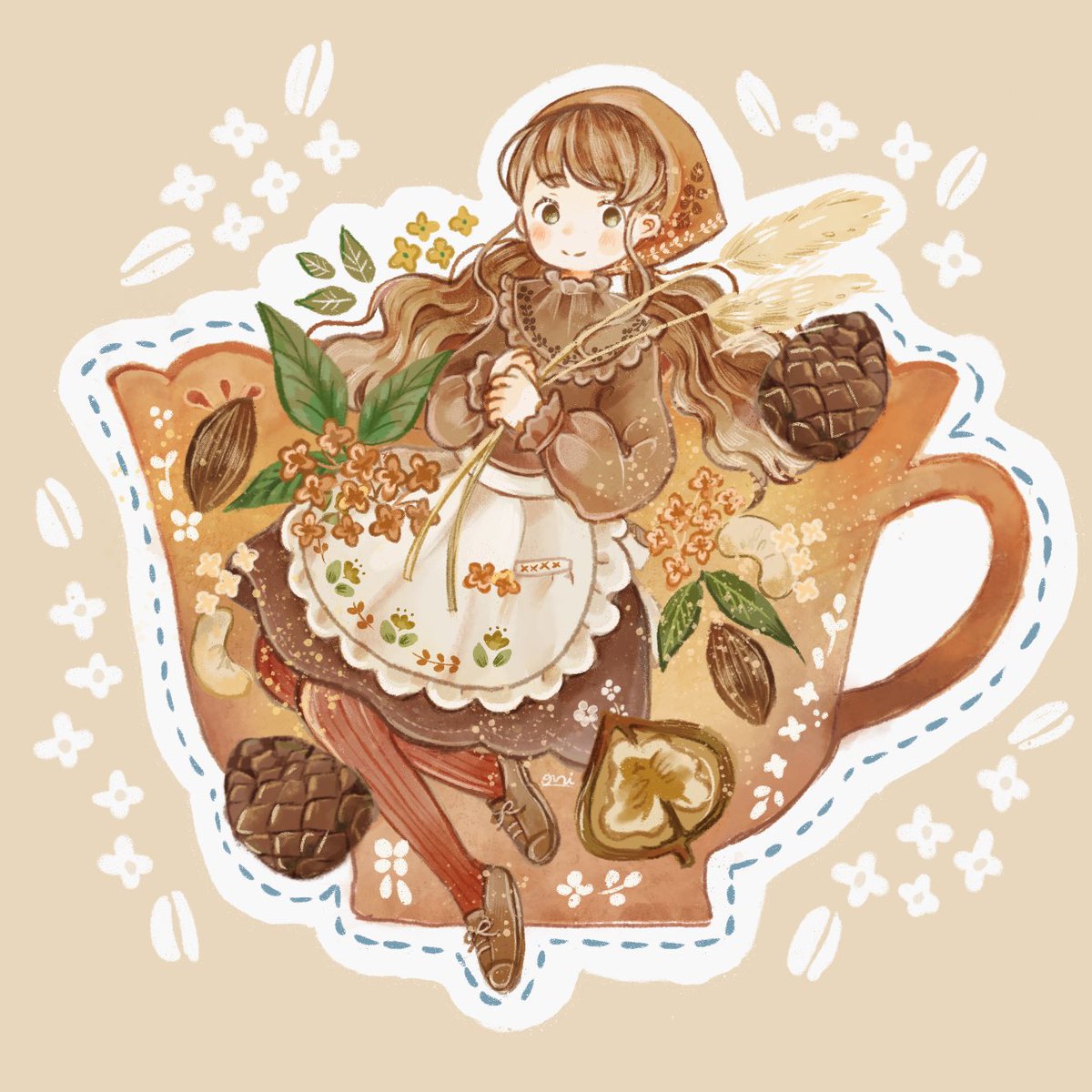 1girl solo apron long hair brown hair long sleeves white apron  illustration images