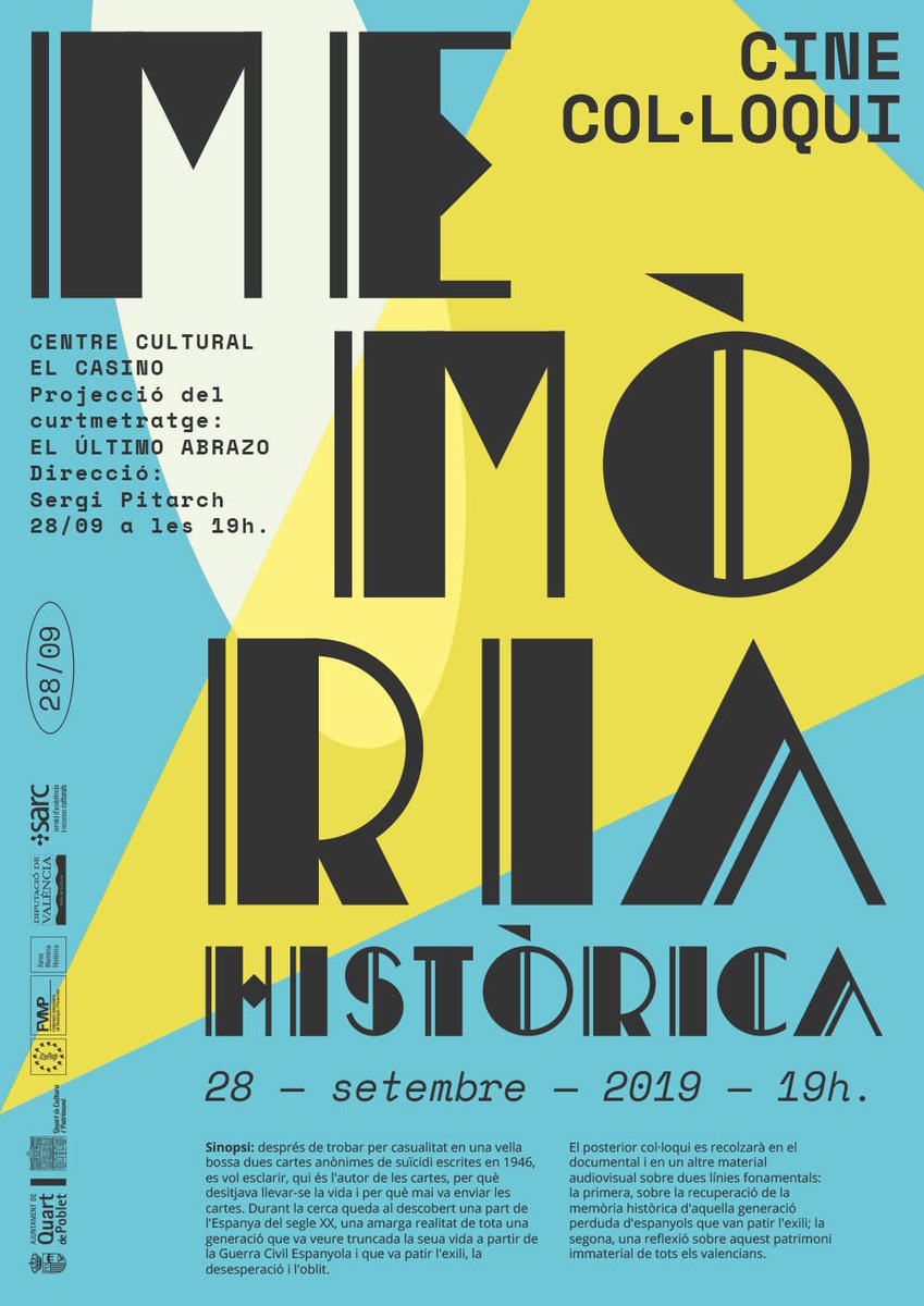 rosanamonrs's tweet photo. Mañana se proyecta "El último abrazo" y después #cine coloquio sobre #memoriahistorica y #guerracivil ➡️ Aquí el #cartel que he realizado para el área de Cultura de @quartdepoblet @CulturaQdP #graphicsesign #diseñovalencia #posterdesign #postertype 💛 https://t.co/dFsaqU61C7