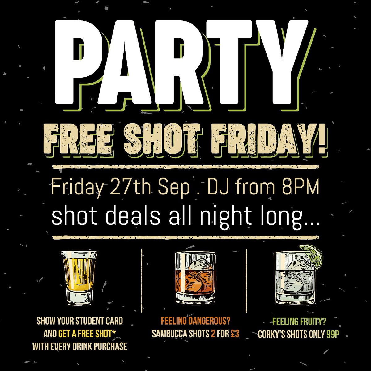 AlbionSheff's tweet photo. It's #freeshotfriday! DJ from 8PM and great deals on shots all night long! 
#sheffield #sheffieldissuper #shotsshotsshots https://t.co/wVvKXPyc1S