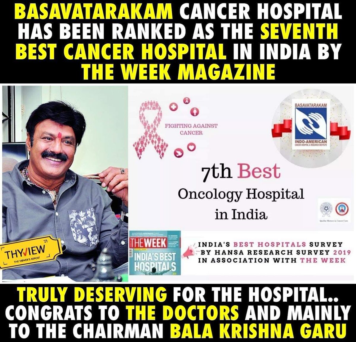 #Basavatarakam cancer  Hospital has been ranked as the 7th best cancer hospital in India by THE WEEK  magazine.  #BestCancerHospital 
Congratulations to whole team and hospital chairman #NandamuriBalakrishna