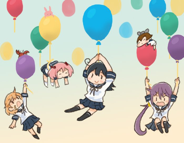 akebono (kancolle) ,oboro (kancolle) ,sazanami (kancolle) ,ushio (kancolle) ,yukikaze (kancolle) balloon multiple girls purple hair school uniform brown hair serafuku pink hair  illustration images