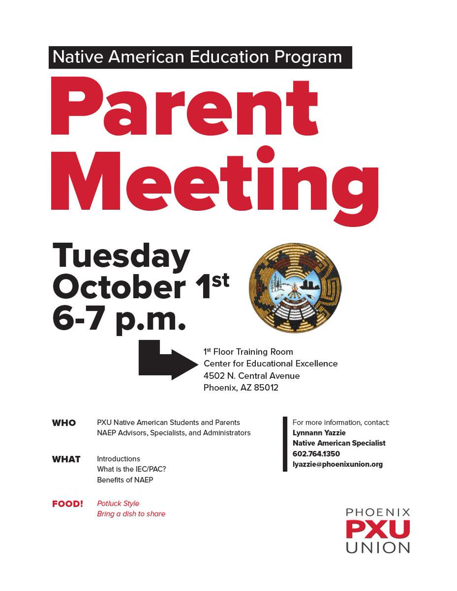 Junta Próxima: El Programa de Educación Nativo Americana hospedará una junta para padres el siguiente Martes, 1 de octubre de 6-7pm en nuestro salón de entrenamiento en el primer piso.