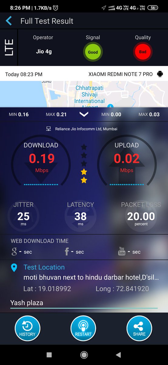 Look this is the speed at the place #4g #speed it's really poor <a href="/JioCare/">JioCare</a> <a href="/reliancejio/">Reliance Jio</a> <a href="/JioChat/">JioChat</a> <a href="/TRAI/">TRAI</a> <a href="/DoT_India/">DoT India</a> <a href="/PMOIndia/">PMO India</a> <a href="/snehsavla2811/">Sneh J Savla</a> <a href="/chhedaharshal09/">harshalkchheda</a> <a href="/aajtak/">AajTak</a> <a href="/TV9Mumbai/">TV9 Mumbai</a> <a href="/abpmajhatv/">ABP माझा</a> <a href="/ABPNews/">ABP News</a> <a href="/TOIIndiaNews/">TOI India</a> <a href="/ANI/">ANI</a> <a href="/CNBCTV18News/">CNBC-TV18</a> <a href="/DDNewsLive/">DD News</a> <a href="/HindiNews18/">News18 Hindi</a> <a href="/News18India/">News18 India</a> #NewsAlert