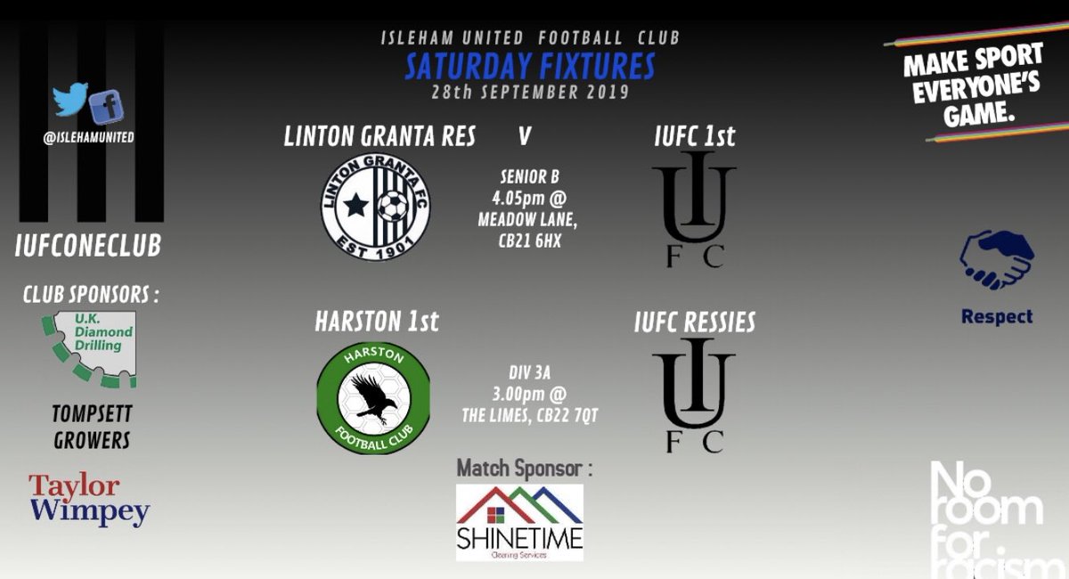 ⚫️⚪️IUFC Fixtures⚪️⚫️

Both teams on the road tomorrow. Our 1st team travel to <a href="/LintonGrantaFC/">Linton Granta FC</a> Res for a late KO and our Ressies to <a href="/HarstonFC/">Harston FC</a>.

This weeks Match Sponsor: Shinetime Cleaning Services.