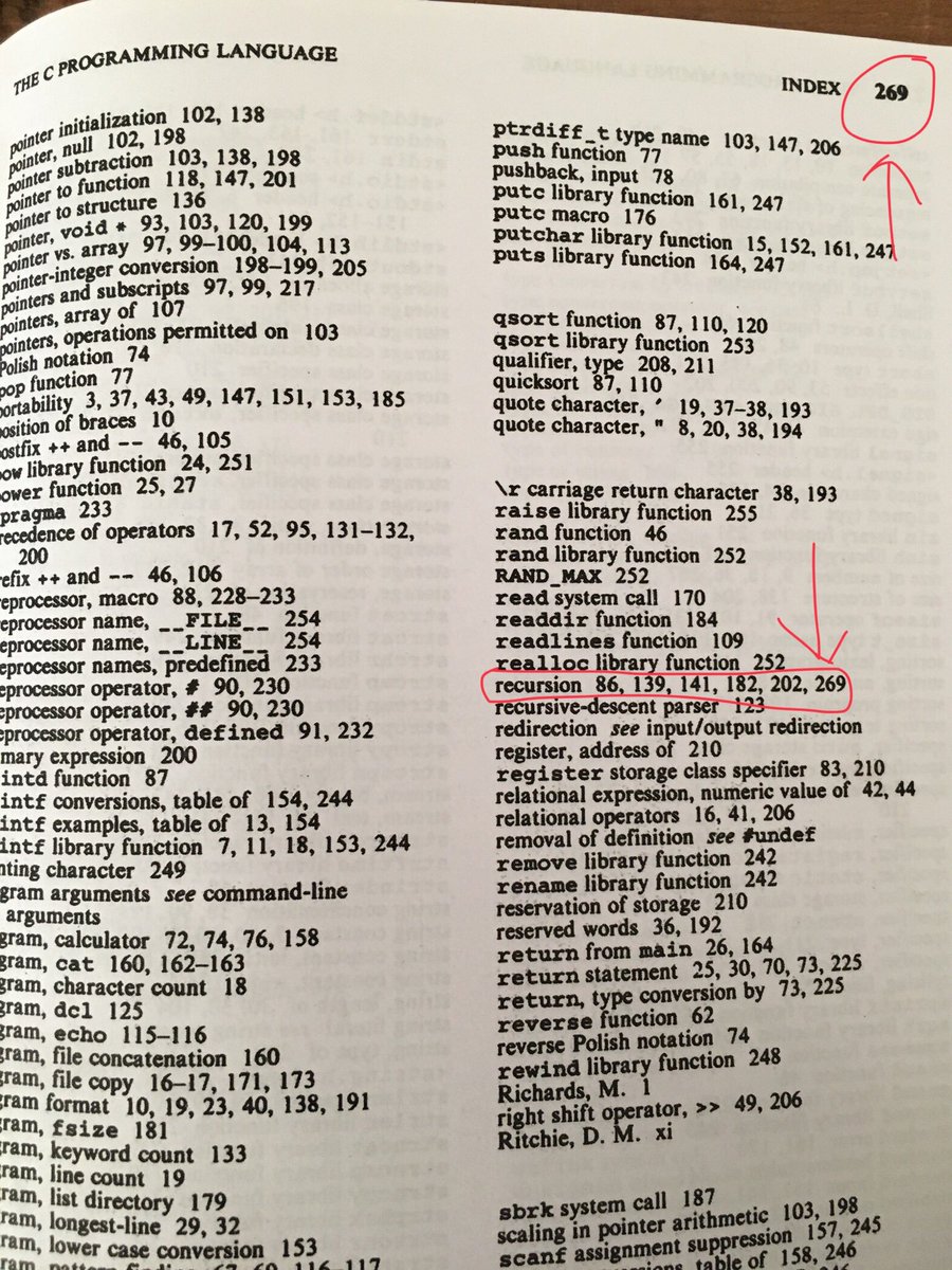 Screen shot for index entry for recursion from K & R C bible