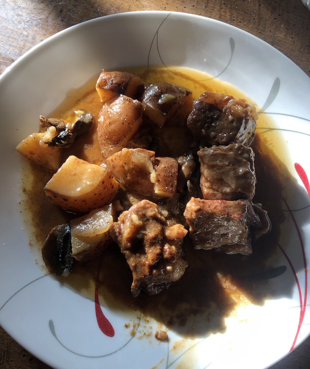Beef short ribs with potatoes, onion & mushroom & some homemade vegetable soup 