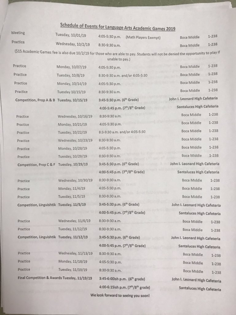 In search of players for Boca Middle's Language Arts Academic Games Teams! We compete against other district schools &amp; have the opportunity to make it to state &amp; national <a href="/AGLOA/">Academic Games</a> tournaments too! Please spread the word and send students our way next week! 🐍