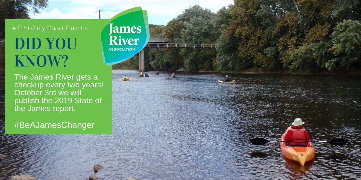 JRAvirginia's tweet photo. #FastFactFriday #Didyouknow The James River gets a checkup every two years? On Oct. 3rd we will publish the 2019 #StateoftheJames report with the latest data on river health & river restoration progress. Thanks to #JamesChangers across #VA we have an exciting story to tell (1/2) https://t.co/DkN12XxC0F