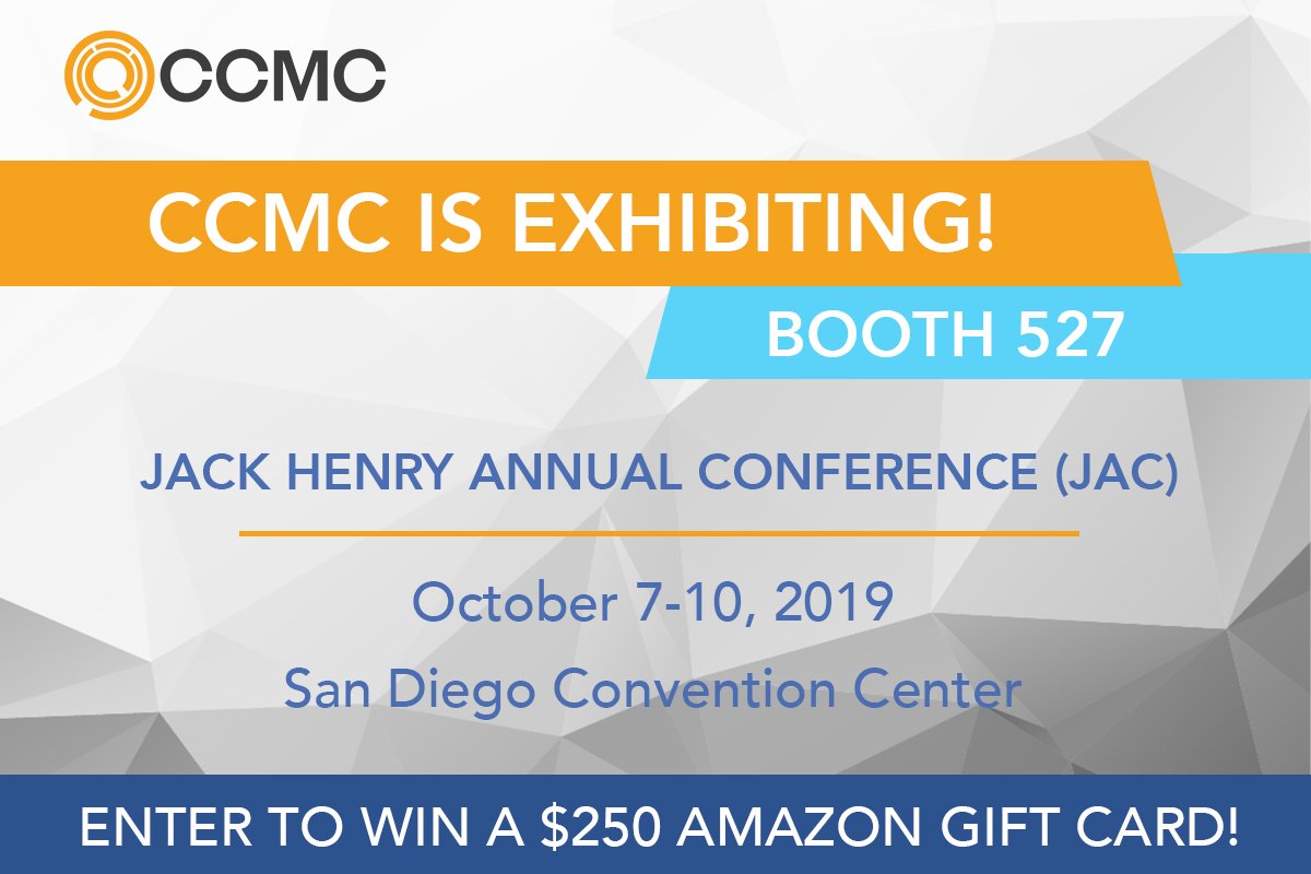 ccmcinc's tweet photo. CCMC will be an exhibitor at the upcoming Jack Henry Annual Conference (JAC). Stop by booth 527 and enter our business card drawing, you could win $250! See you in San Diego!! #ccmc #connectivity https://t.co/6M2fyRmljk