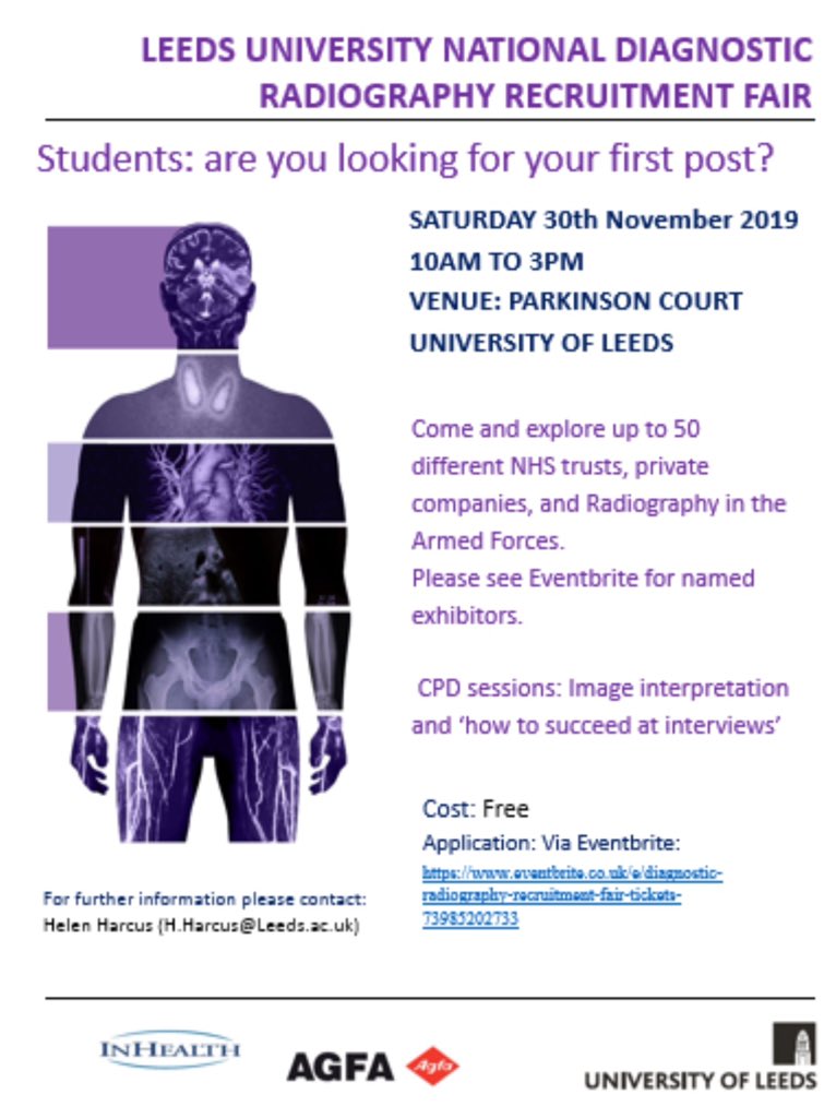 The Annual Radiography Recruitment fair 2019 sponsored by <a href="/InHealthGroup/">InHealth</a> and <a href="/AgfaRadiology/">Agfa Radiology Solutions</a> is to be held on Saturday 30th November.Registration is now open!Students and qualified staff welcome.Join us for 2 free CPD talks&amp;a wealth of job opportunities!#radiographyrecruitmentfair