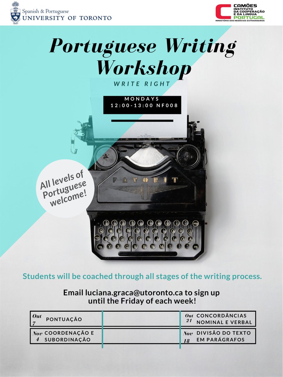 spanportuoft's tweet photo. Portuguese conversation hour and writing workshops begin next week! https://t.co/6GsbwiLtyr