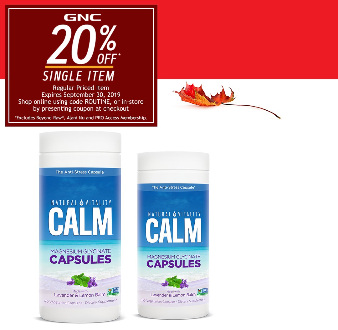 naturalvitality's tweet photo. Get 20% off CALM Capsules and more Natural Vitality products now thru 9/30 @GNCLiveWell. Shop online using Code: ROUTINE. Shop in-store by presenting coupon at checkout. #GNCLiveWell #ExperienceCALM SHOP NOW: https://t.co/D9l3mxyKRw https://t.co/93G0g5l667