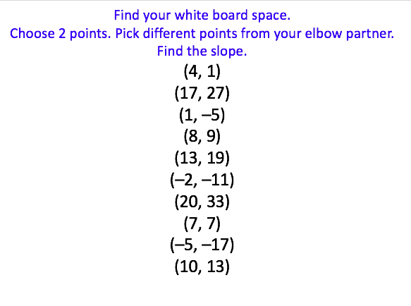 pejorgens's tweet photo. Slope #mathconversation 2. We launch with pile of points. Pick any 2. Find the slope. #vnps. Disequilibrium as many seem to be getting the same result. Why? Groups speculate and some point us to the graph. #iteachmath TY for the task @scott_farrand https://t.co/xCRErwIb2h https://t.co/k5fbdWJ7Jb