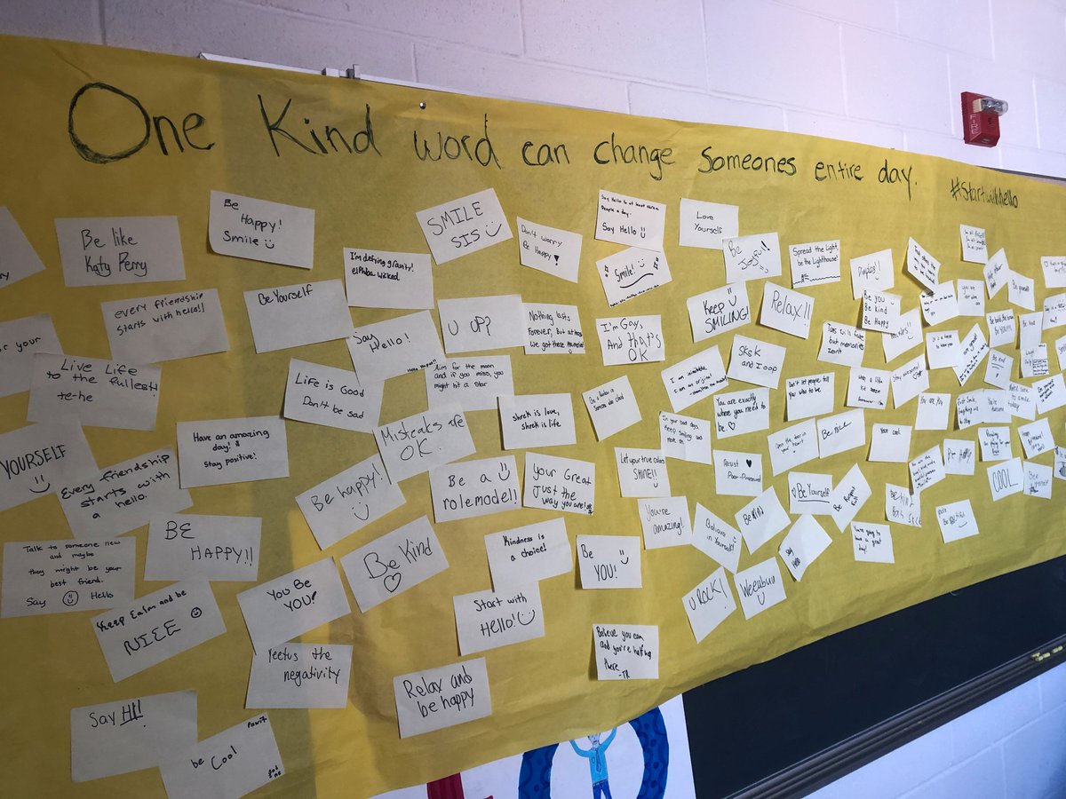 adamsguidance1's tweet image. RAMS wrapped up #startwithhello week with a music filled lunch room! Students in grades 6, 7 and 8 contributed messages of hope and consideration to our group poster. As one student wrote "every friendship starts with hello". @RAMSHollistonPS