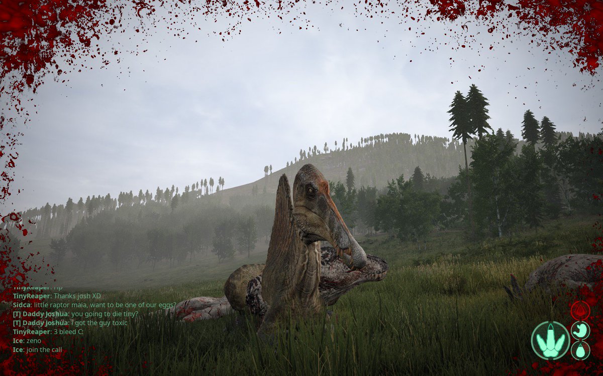 Suchomimus wasn't too nice and tried to bite me. 

Luckily I had a saviour in the form of a Spinosaurus. 

  Might still die of Bleed xD