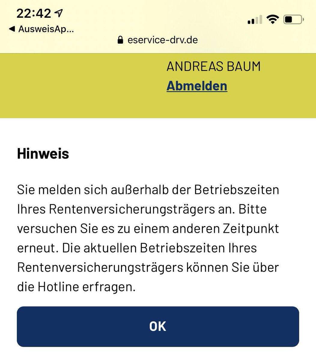 rka's tweet photo. ok. #EGovernment hatte ich mir mit der jetzt für den personalausweis geöffneten #nfc schnittstelle des iphones irgendwie anders vorgestellt. #betriebszeiten #wtf 🤯 https://t.co/ndIiz1vyQD